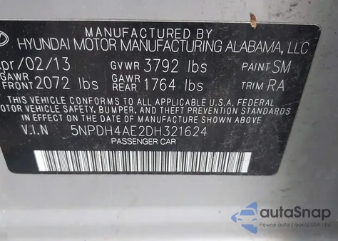 2013 Hyundai Elantra Gls z USA, uszkodzony, nr VIN 5NPDH4AE2DH321624